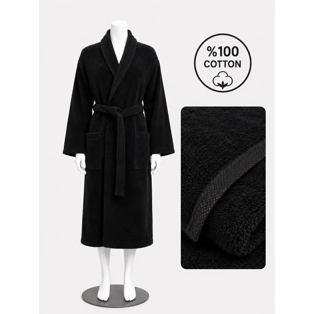 Black Bathrobe 100% Cotton Unisex Soft Spa Robe S/M Turkish Towel Belted Pockets